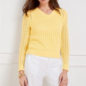 Talbots Womens Yellow Pointelle V-Neck Sweater S Knit Pullover Casual Coquette